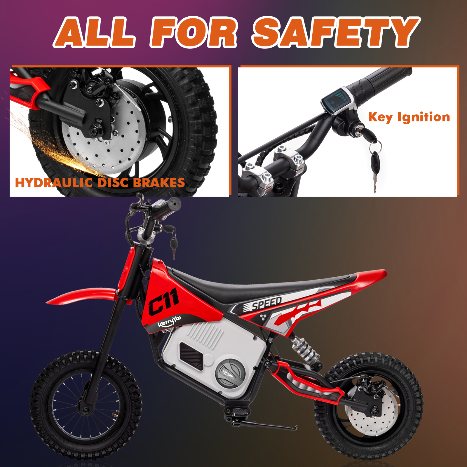Electric Dirt Bike for Kids 6+, 24V Motorcycle, Electric Motorbike, 5-10 mph, High/Low Speeds-Red