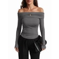 thumbnail image 3 of Women'S Off Shoulder Tops Dressy Casual Slim Fit Long Sleeves Spring Fall Blouse Going Out Shirt Gray L, 3 of 9