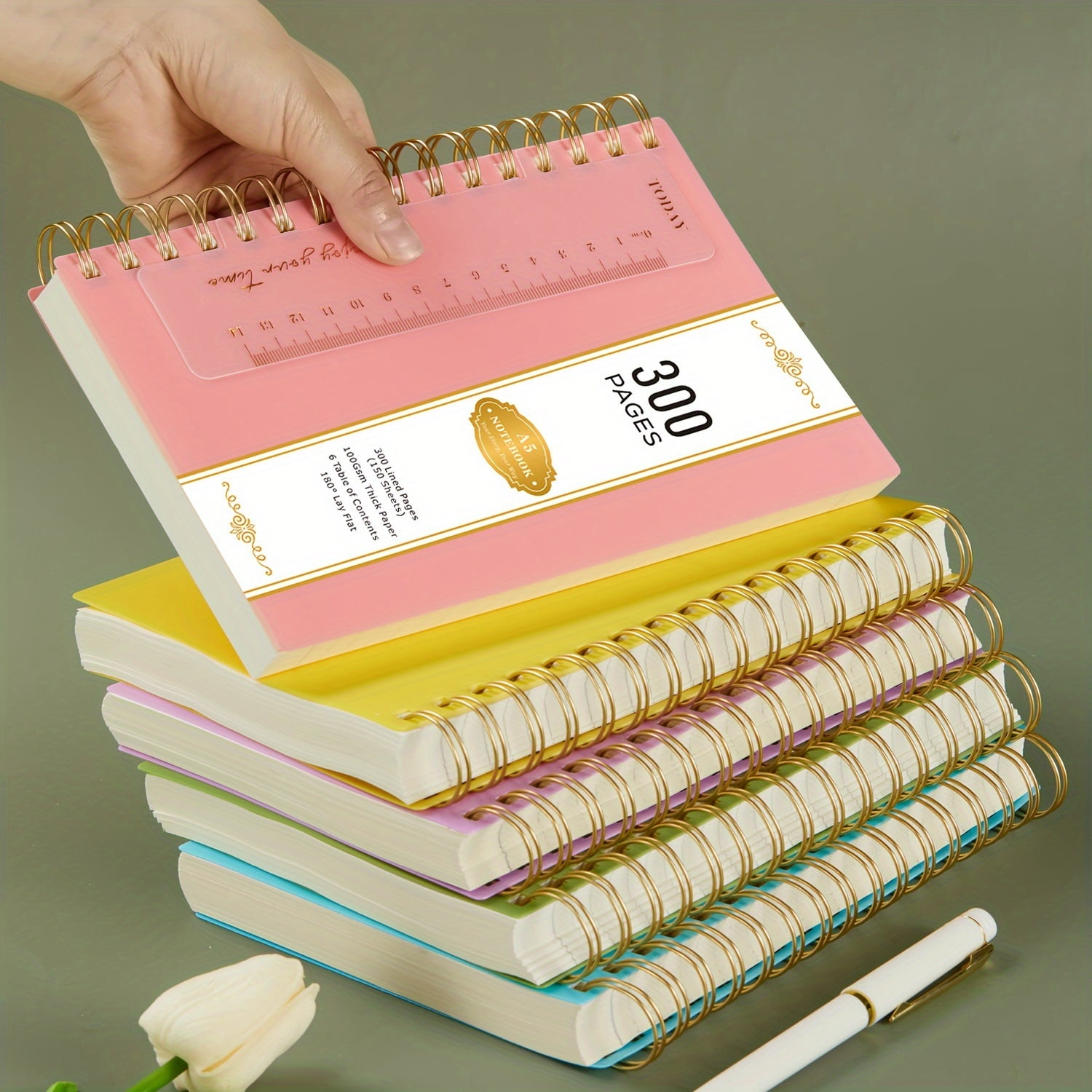 Nirmiro 3-Pack A5 Spiral Notebooks with Bookmark, 5.7"x8.4" 300 Lined Pages Each, 100GSM Thick Paper, Waterproof PVC Cover, College Ruled, Pastel Colors for Work & Office