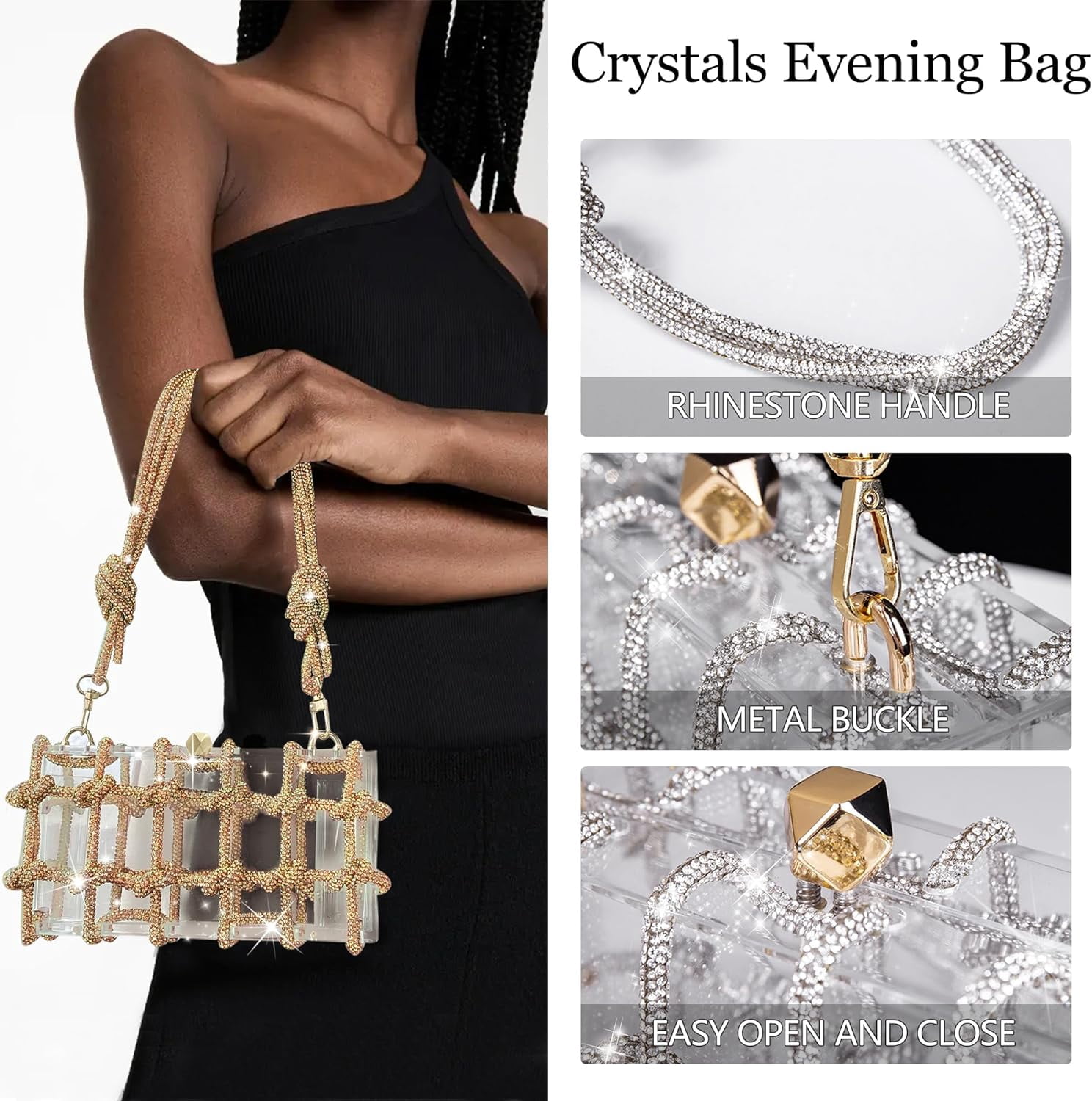SQDWYGG Clear Acrylic Purse Bag with Rhinestones Clutch Purse Evening Clutches for Wedding and Party,1,1,1,Gold,Acrylic,Gold,Top-Handle Bag,Small
