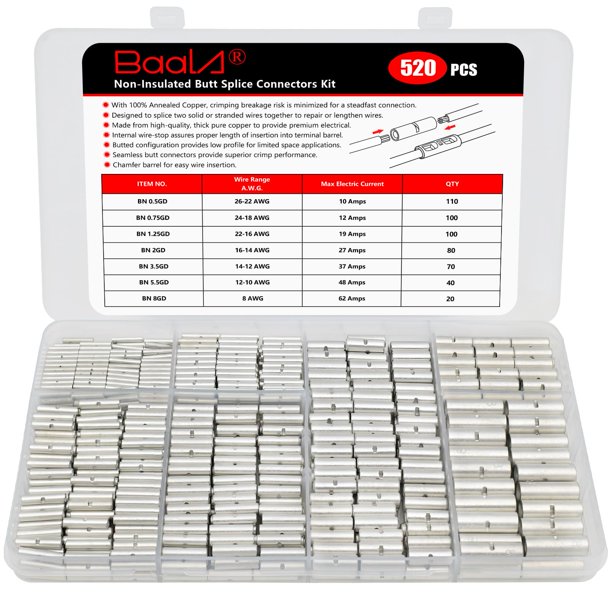 Kit de conectores a tope BAALA de cobre estañado sin aislamiento 26-8 AWG