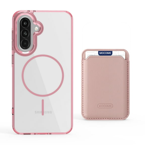 For Samsung Galaxy A56 5G Magnetic 2-in-1 Phone Case,with Magnetic Detachable Card Holder,Credit Card Slot,Compatible with Mag-Safe,Transparent Back,Shockproof Rugged Wallet Phone Case,Pink