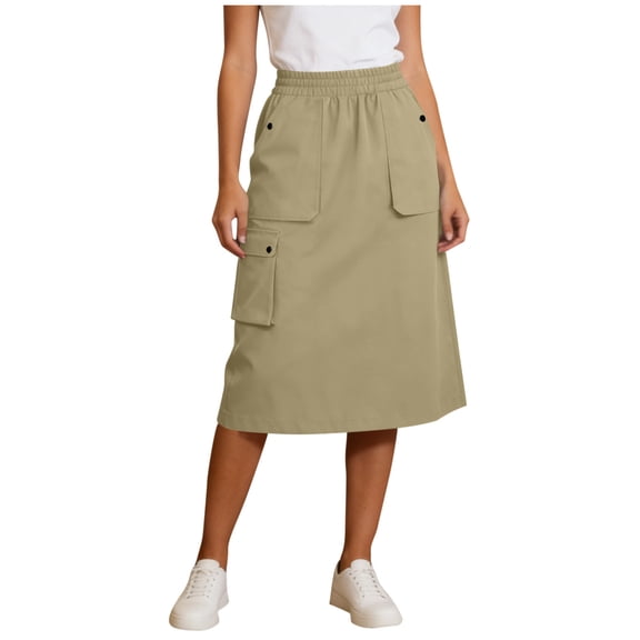 FAHXNVB Women's Cargo Skirts Elastic Waist Dressy Casual Midi Skirts Trendy Summer Long Skirts with Pockets,XXL,Khaki