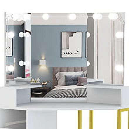 PAKASEPT Corner Vanity Set with Three-Fold Mirror & 10 Light Bulbs, Makeup Desk with 4 Storage Drawers for Women, Desk Vanity Set for Small Spaces, Bedroom (White) - image 5 of 9