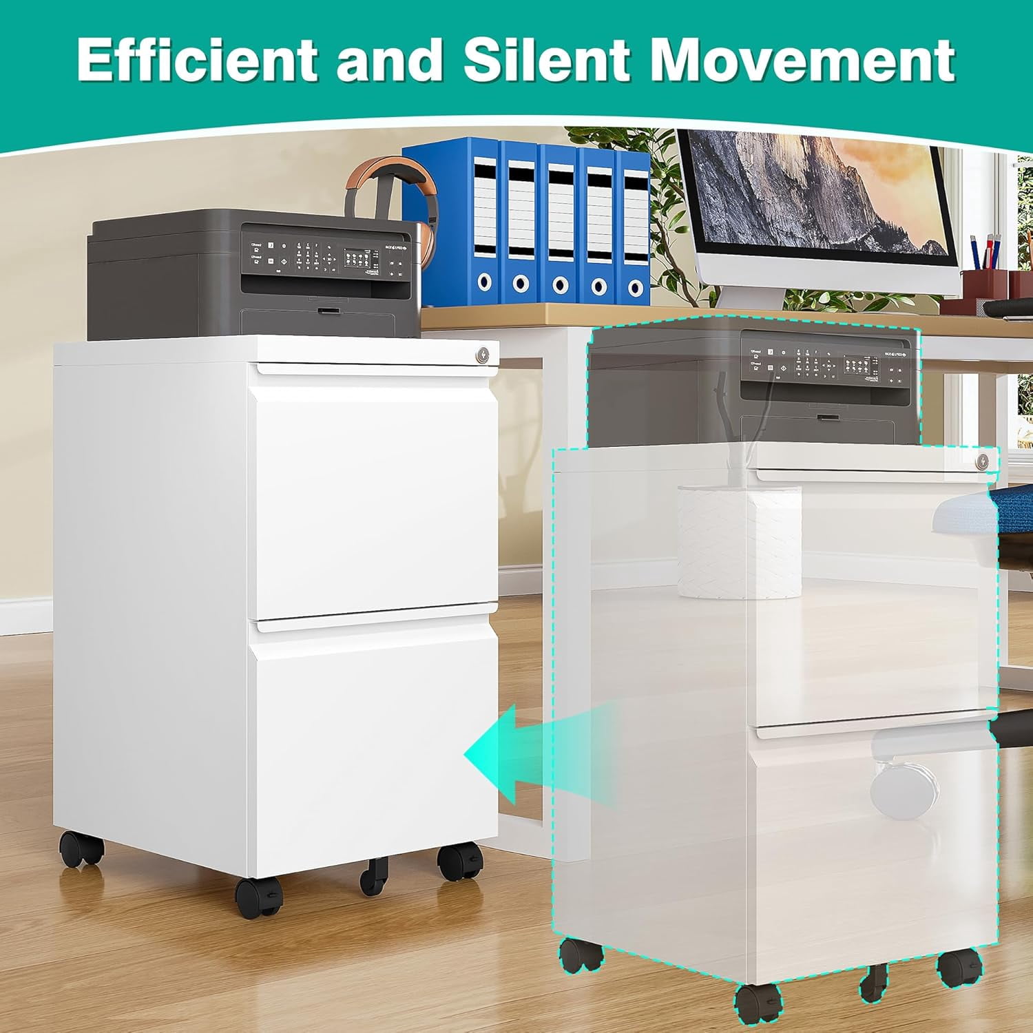 HZshop 2 Drawer File Cabinet with Lock and Wheels,White Rolling File Cabinets,Locking Mobile Metal Filing Cabinet for Home Office,Under Desk,Fit A4/Letter/Legal File, Easy Assembly