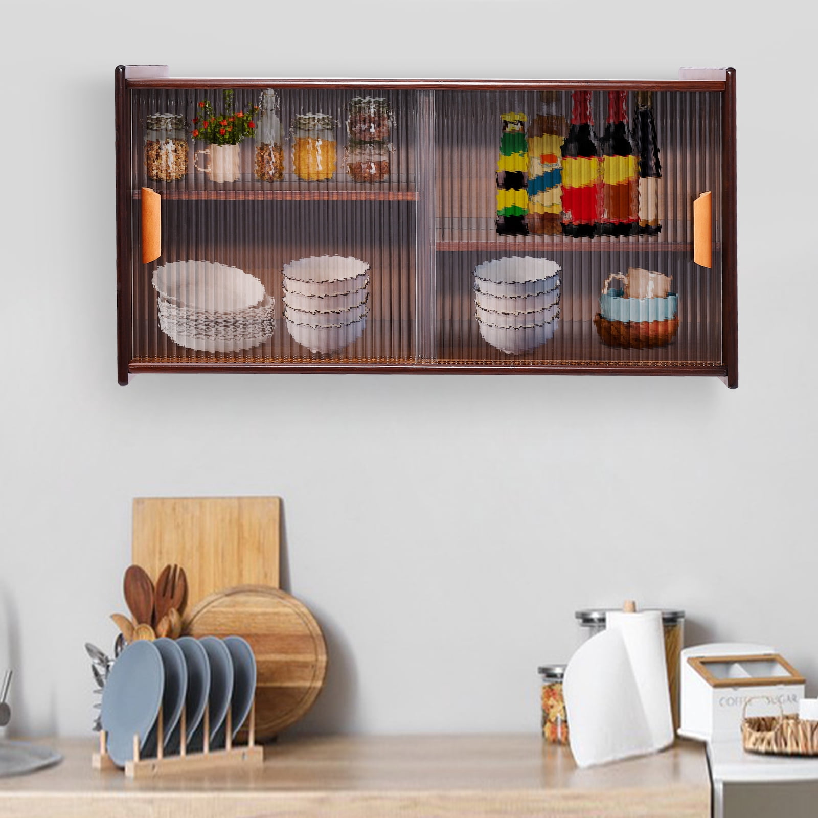 Kitchen Pantry Cabinet, Wall Mounted Bamboo Pantry Sideboard Wood Small 2-Tier Countertop Storage Cabinet with Sliding Glass Door Food & Utensils Cupboard for Dining Room, Home