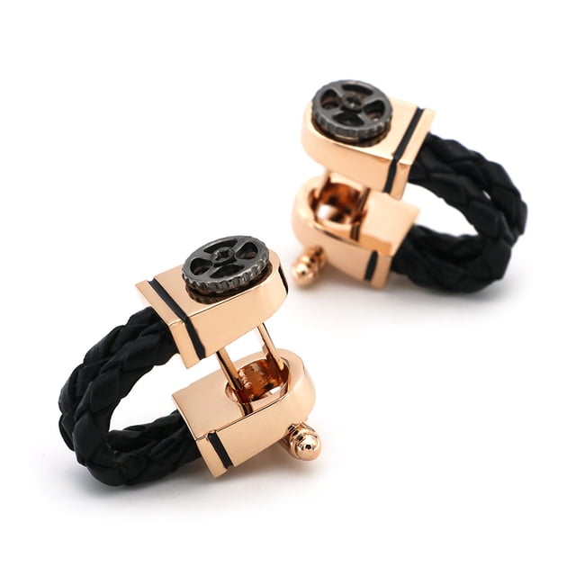 Gemelos a la moda para hombre en oro rosa con cuero negro