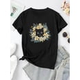 thumbnail image 3 of Women's Floral Cat Print T-Shirt - Soft Polyester Crew Neck Tee with Adorable Black Cat & Flower Design, Casual Short Sleeve for Casual Attire, Casual Wear Tee | Playful Print Tee | Polyester Fabric,, 3 of 8