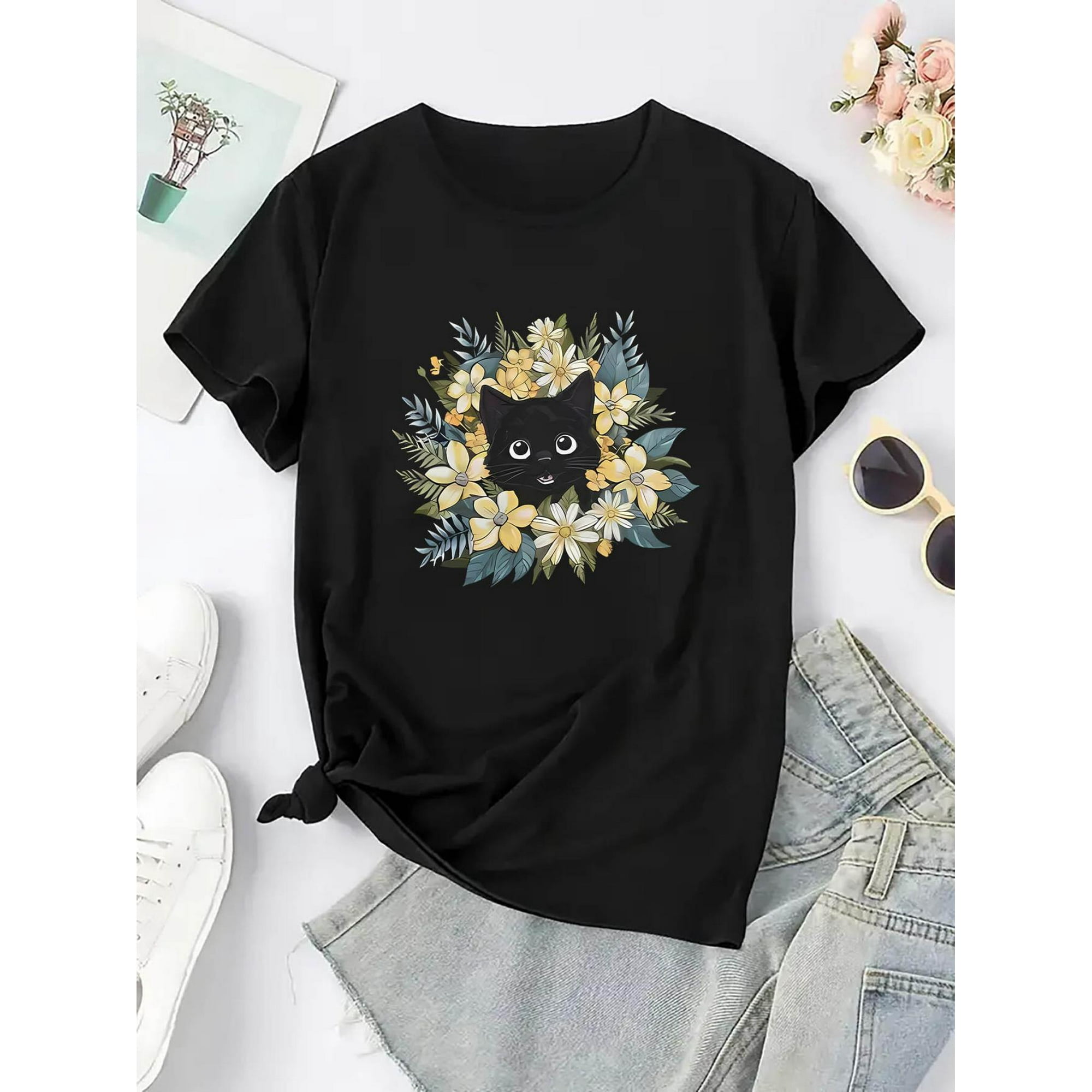 T-Shirt à Imprimé Floral pour Femmes Tee-Shirt Col Rond en