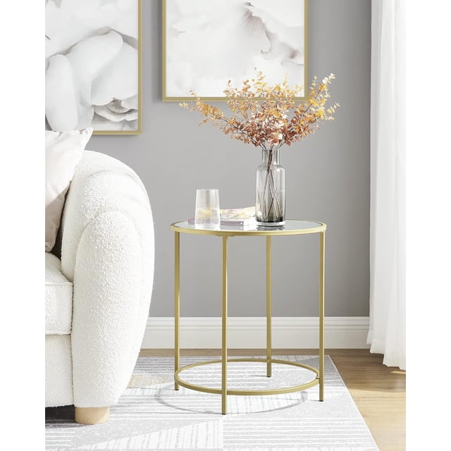 VASAGLE Mesa Auxiliar Redonda, Mesita de Noche de Cristal con Marco de Acero, Mesa de Centro Pequeña, para Salón, Balcón, Decorativo, Dorado y Transparente