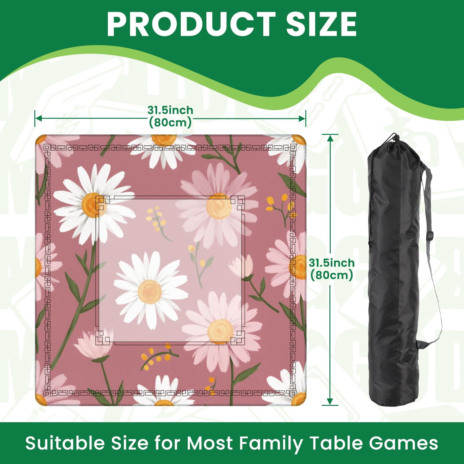 Mahjong Mat 31.5" x 31.5" Floral White Pink Daisies Mauve Non-Slip Noise Reduction American Mahjong Tiles Table Cover for Dominoes Poker Card Board Games Gift