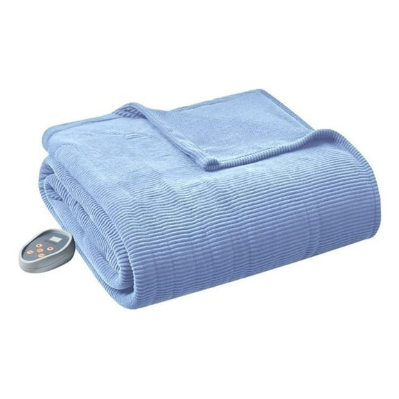 Pemberly Row Modern Electric Micro Fleece Heated Blanket in Blue