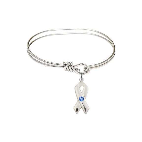 5 3/4 inch Oval Eye Hook Bangle Bracelet w/ Cancer Awareness medal charm w/ September Blue Swarovski Crystal