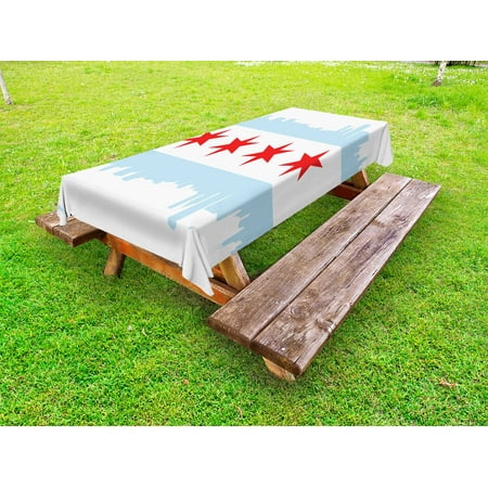 Rise Against Flag - Chicago Skyline Outdoor Tablecloth, City of Chicago Flag with High Rise Buildings Scenery National, Decorative Washable Fabric Picnic Tablecloth, 58 X 104 Inches, Red White Baby Blue, by Ambesonne