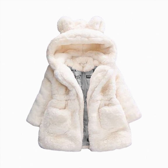 JUMEYU Toddler Girls Fleece Jacket Toddler Fuzzy Hooded Zip-Up Jacket with Bear Ear Detail Winter Coat 4T 5T (White,4-5 Years)