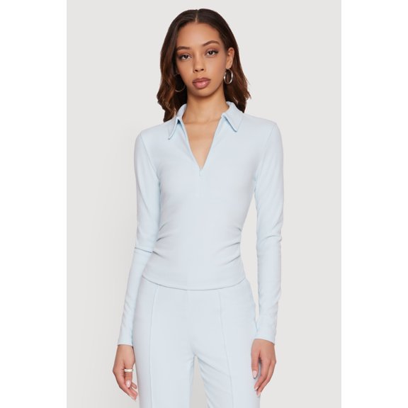 Women's Brushed Knit Long Sleeve Zip Front Polo Shirt
