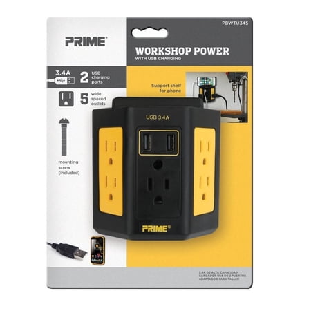 Prime 5-Outlet Workshop Tap With 2-Port 3.4A Usb Charger