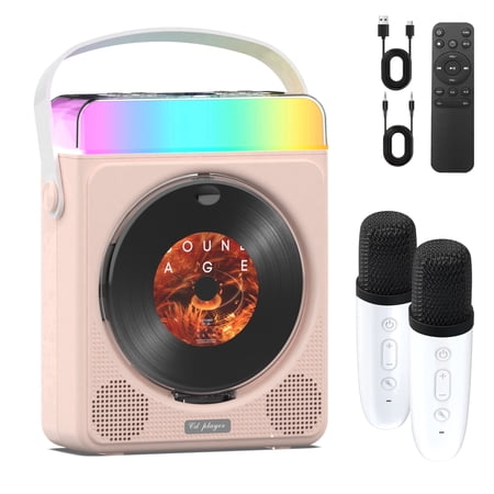 Greadio Portable CD Player Karaoke Machine, Dual Mics, Voice Changer, RGB Lights, Bluetooth, TF/USB/AUX Support