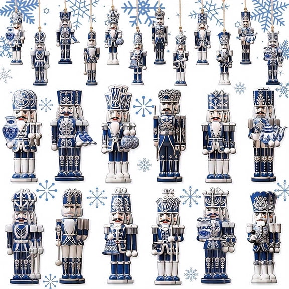 QuickGo Blue And White Ceramics Style Nutcracker for Christmas Tree And Fireplace Decoration, Wooden Nutcrackers Hanging Ornaments for Xmas Home Holiday Party Decor