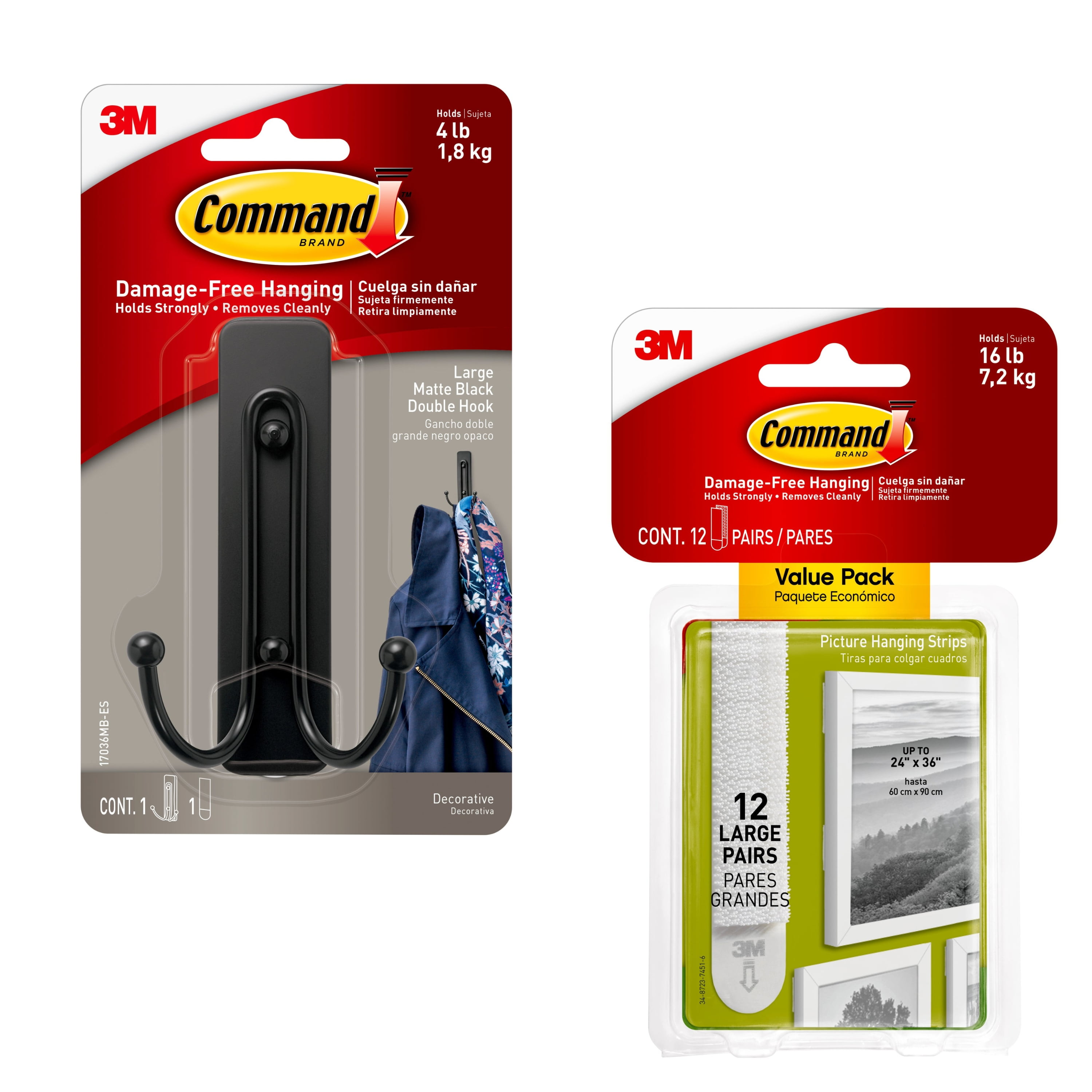 Large Matte Black Double Wall Hook with Adhesive Strip