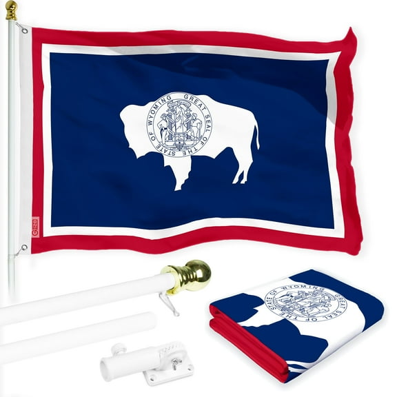 G128 Combo Pack: 6 Ft Tangle Free Spinning Flagpole (White) & Wyoming Flag 3x5 Ft Printed 150D Polyester, Brass Grommets (Flag Included) Aluminum Flag Pole