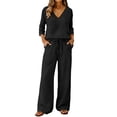 thumbnail image 4 of Lekode Womens Linen Set Fashion Outfits Loose Lounge Sets Wide Leg Pants Gauze Capri Set Linen Loungewear Sets Roll-up Sleeve Top Linen Pants Set Casual Loungewear Vintage Style Boho Black L, 4 of 7
