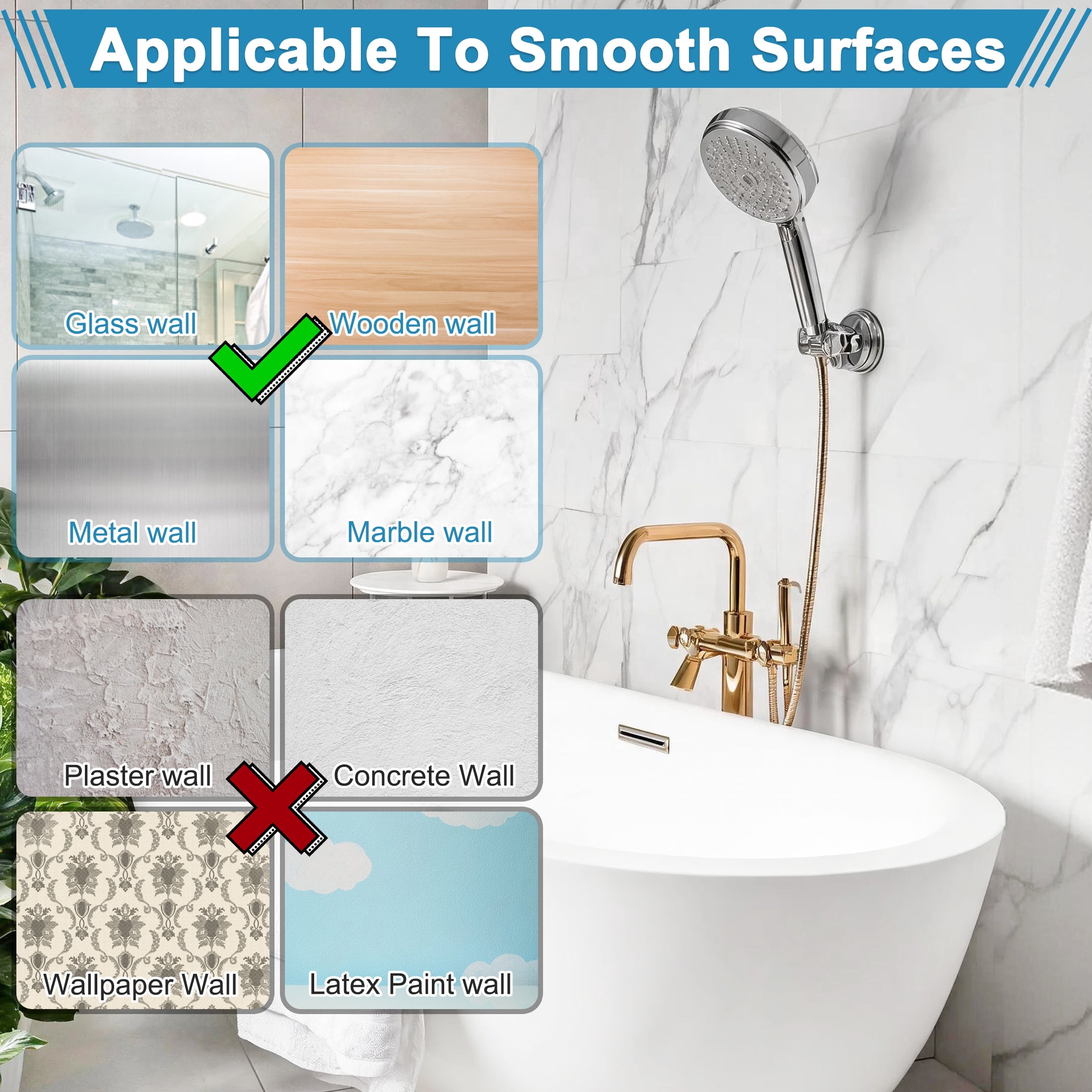 Shower Head Holder, 360‑Degree Adjustable Suction Cup Handheld Shower Bracket, Shower Wand holder No Drill Shower Wall Mount, Removable Shower Head Mount Holder for Smooth Bathroom Surfaces