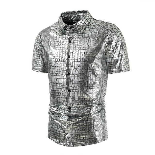 pstuiky camisetas de hombre, Camisa de lentejuelas de moda para hombre, con cuello vuelto, manga corta y brillante. ropa de hombre s