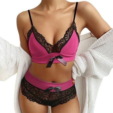 

HEVIRGO Bowknot Decor Spaghetti Strap Bra Briefs Set High Waist Lace Patchwork Push Up Underwear Panties for Daily Wear