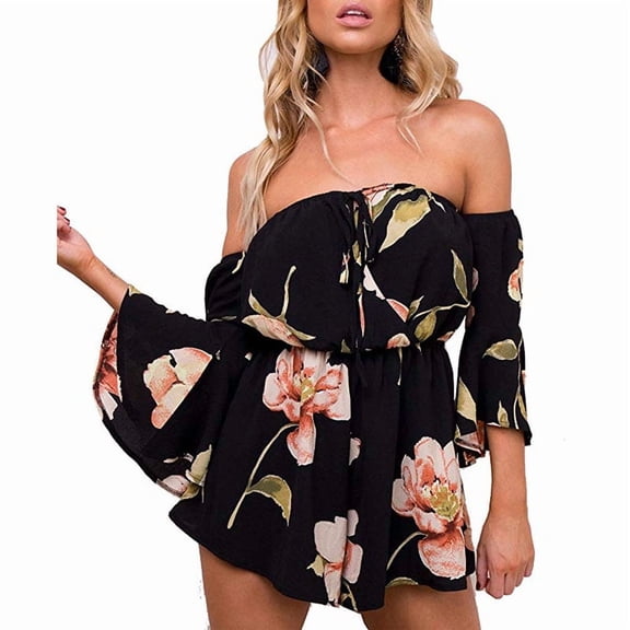 Women's Summer Floral Off Shoulder 3/4 Sleeves Romper Jumpsuit
