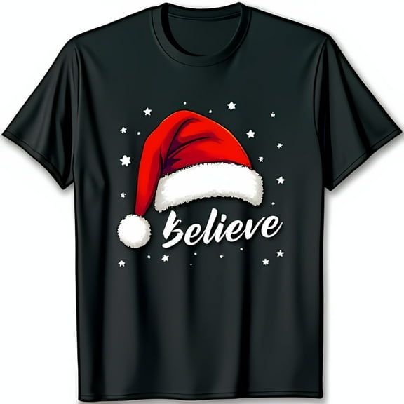 Festive Black T-Shirt with Santa Hat Graphic & Believe Text Holiday Cheer