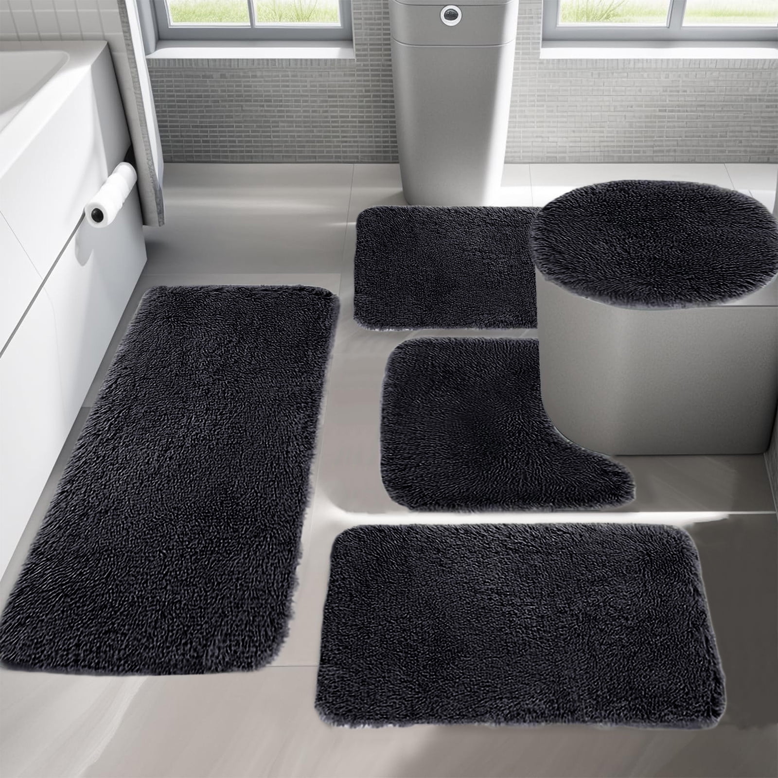 Solid Color Bath Mat 5-Piece Set, Non-Slip Water Absorbent Bathroom Rugs, Soft & Comfortable, Machine Washable for Home & Restroom Use