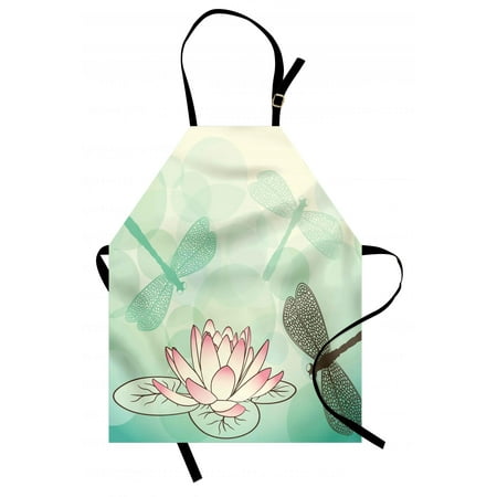 - Lotus Flower Apron Exotic Blossom with Pinkish Petals Water Lily and Dragonflies on Pale Green, Unisex Kitchen Bib Apron with Adjustable Neck for Cooking Baking Gardening, Multicolor, by Ambesonne