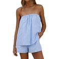 thumbnail image 3 of Arlun Women's 2 Piece Matching Sets Fashion Striped Sleeveless Strapless Tube Top and Loose Shorts Sets 2026 Summer Vacation Outfits Casual Loose Fit Stylish Y2k Going out Set 2-Light Blue XL, 3 of 7