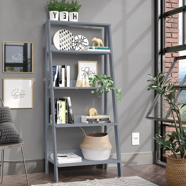 Madesa Modern 5-Tier Ladder Shelf Pantry Storage Space 24 Inch Wooden Free Standing Bookshelf Utility Shelves for Home Office Study Room and Kitchen - Grey