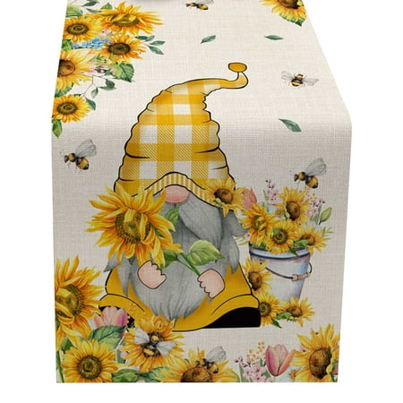 

BYDOT Sunflower Gnome Cotton Linen Table Runner Table Cloth Desktop Decor for Spring Easter Farmhouse Kitchen Dining Tabletop Decoration Supplies