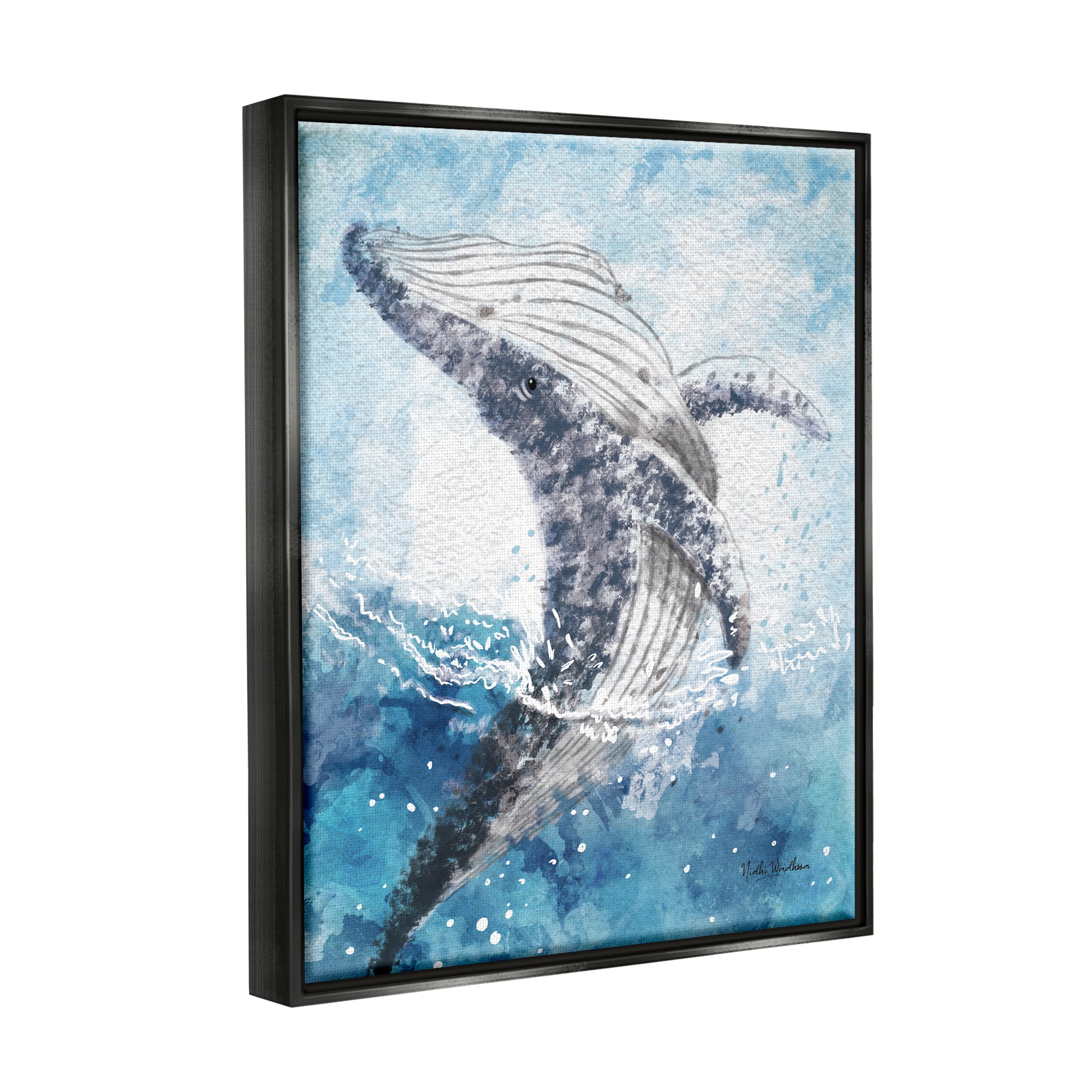 Stupell Industries Splashing Marine Whale Animals & Insects Painting Black Floater Framed Art Print Wall Art, 25 x 31