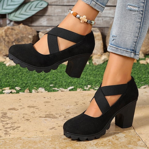 Uaswgudfs Women Mary Jane Pumps Elastic Strap Platform Block Heel Vintage Comfortable Chic Shoes for Office Party
