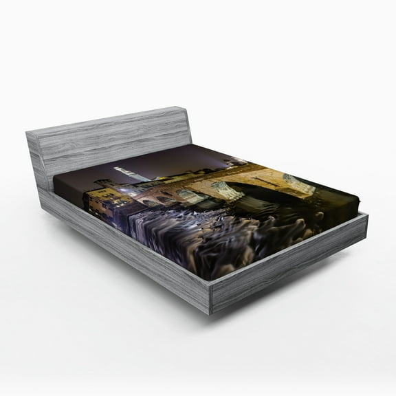 Ambesonne Cityscape Fitted Sheet, Roman Bridge, Queen Size, Black Beige