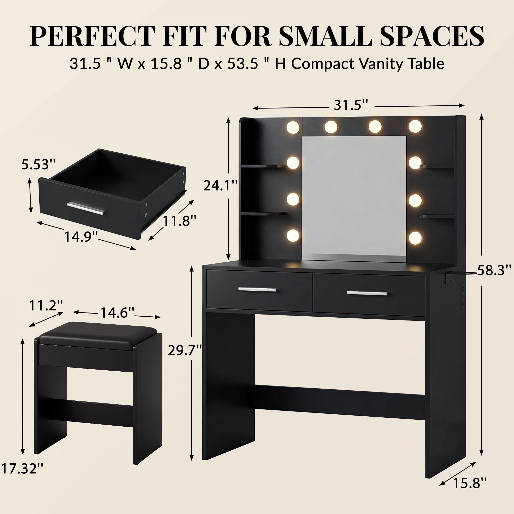 Homall Makeup Vanity Set with Mirror & Stool, Vanity Desk with LED Lights & Fast-Charging Outlet, Vanity Table for Bedroom Dressing Room, Black