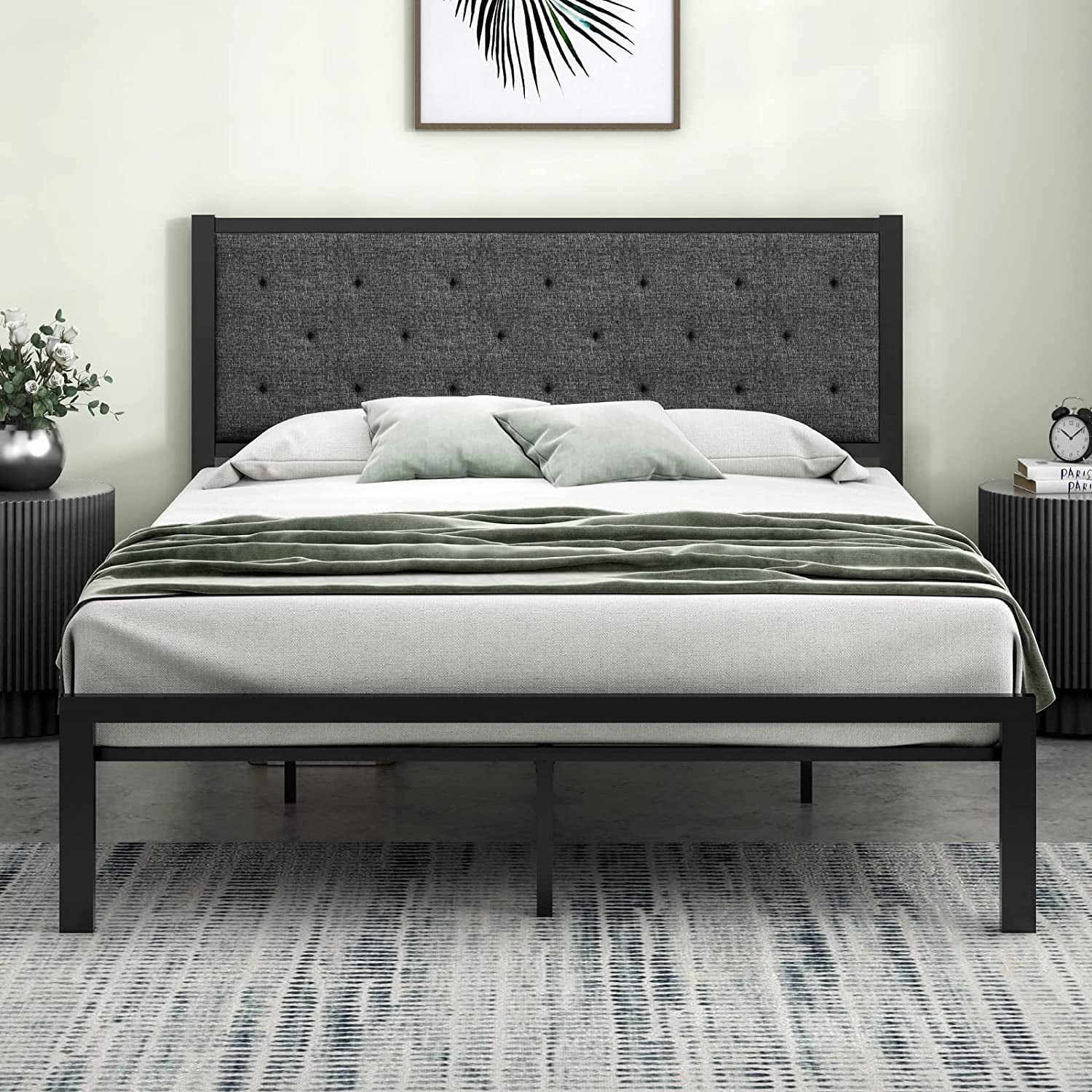 Queen Size Platform Bed Frame w/Tufted Headboard Grey Upholstered Beds Wood 