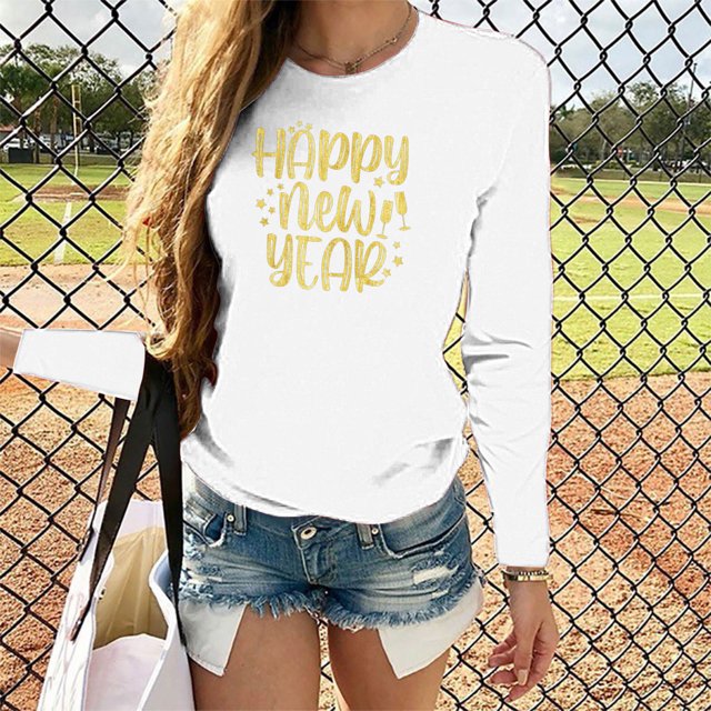 T-shirt Imprimé Bonne Année pour Femmes Manches Longues Blouse Décontractée