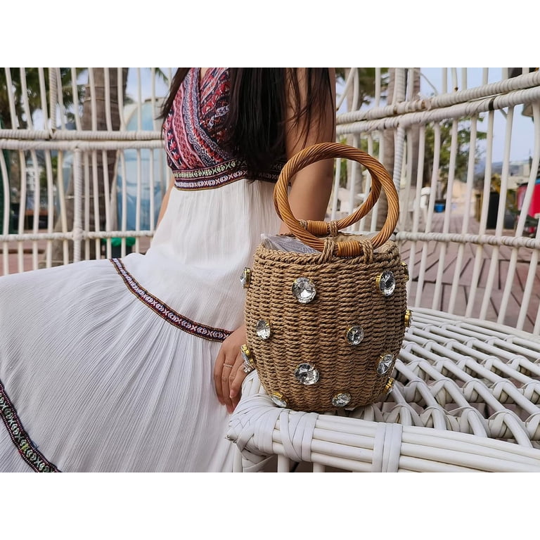 Straw Woven Bucket Handbag With Pearl Decor - Boho Beach Tote Drawstring Bag For Women