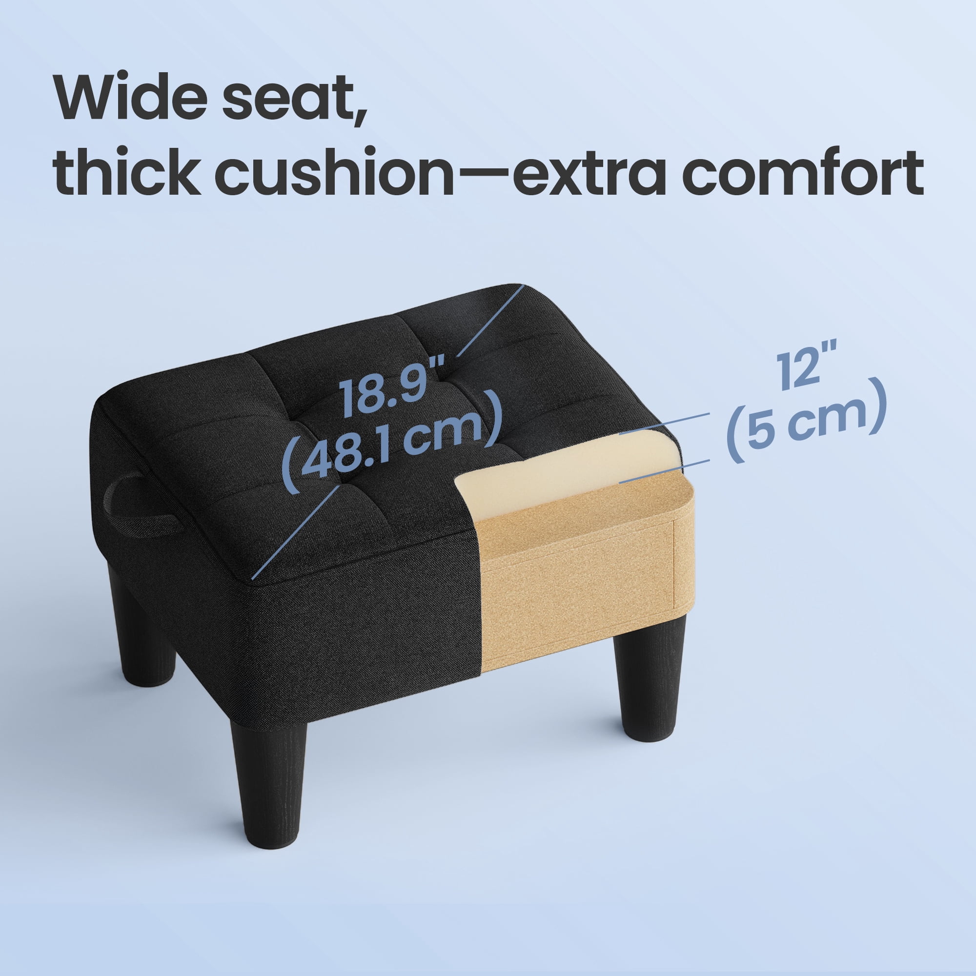 LEDREM Small Footstool Ottoman with Thick Cushion, Angled Legs & Hidden Storage Compartment, for Living Room Bedroom Entryway, Supports 330 lbs, Ink Black