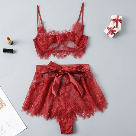 

Zpanxa New Women LaceBra and Panty Patchwork Bow Sexy Lingerie Underwear Sleepwear Set Red L