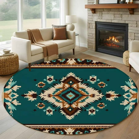7ft Washable Round Rug Ethnic Style Pattern Non-Slip Circle Area Rug for Living Room Dining Room Vintage Orange Green Weaving Abstract Indoor Floor Mat for Home Decor