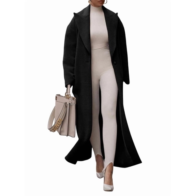 Womens Fashion Notched Lapel Single Breasted Open Front Maxi Long Trench Coat Overcoat with Pockets Black S
