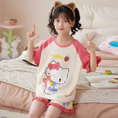 

Sanrios Girl Summer Cotton Pajama Set Cartoon Kuromi Hellokittys Short Sleeved Shorts Home Clothe Cute Parent-child Clothing
