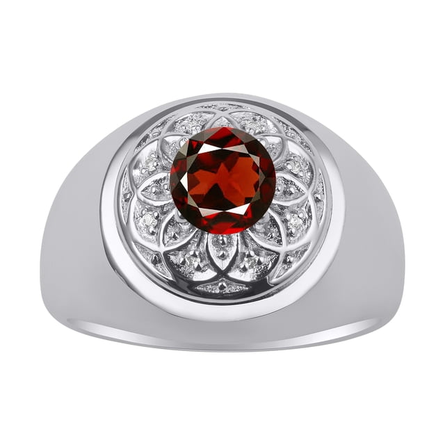 RYLOS Men's Rings Sterling Silver Designer Gypsy 7MM Round Gemstone & Diamond Ring Garnet January Birthstone Rings Size 9