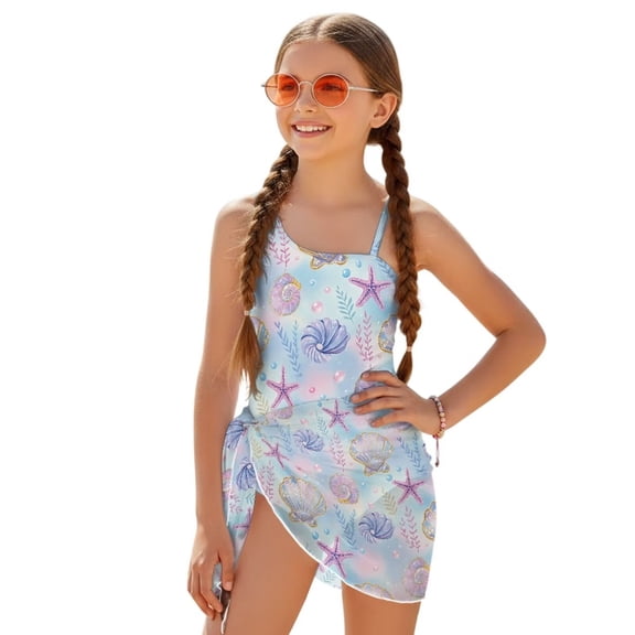 SEANATIVE 7-8 Year Kid Girl Swimsuit with Mesh Skirt Coverup One Piece Bathing Suit Comfortable Stretch Summer Swimwear with Adjustable Strap, Starfish Seashell Pearl Pattern Blue